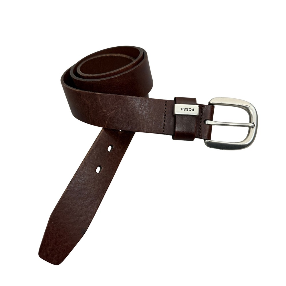Fossil Belt Mens Large Brown Genuine Leather Single Prong Buckle Metal Logo